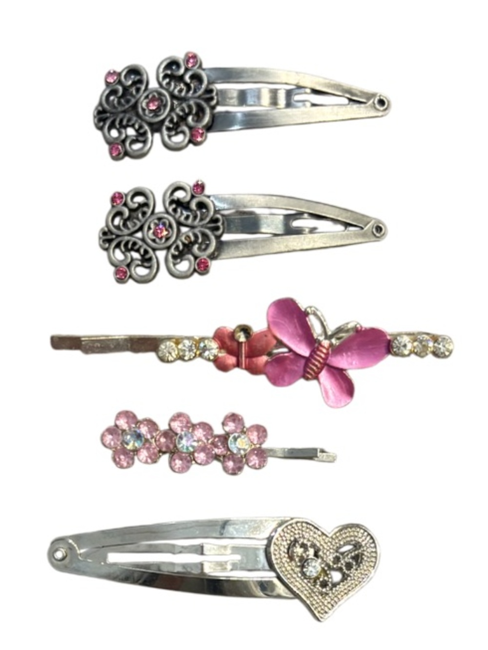 Vintage Silver Pink Crystal Hair Clip Bundle Butterfly Floral Heart Coquette Y2K